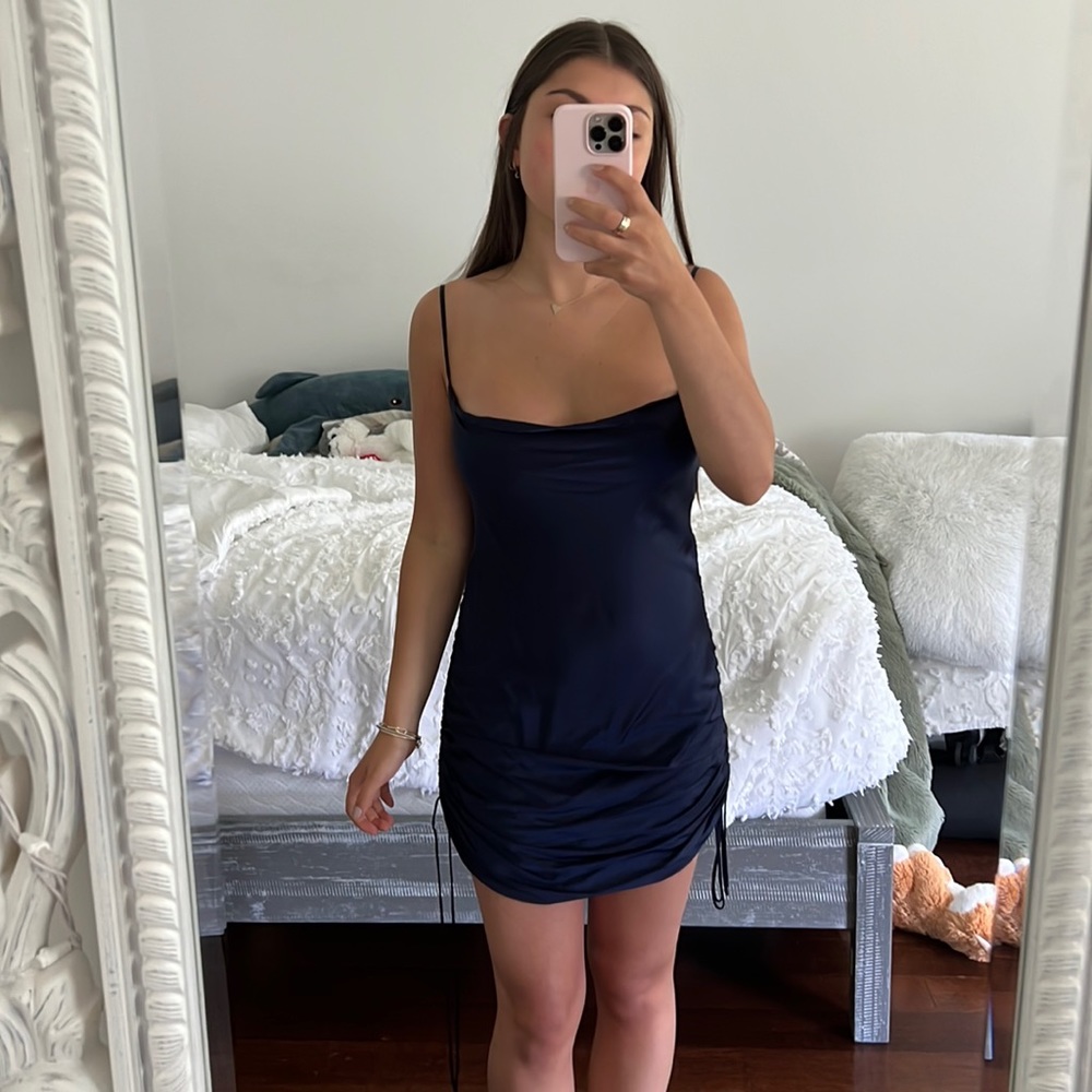 Aritzia Wilfred navy silk tie up dress